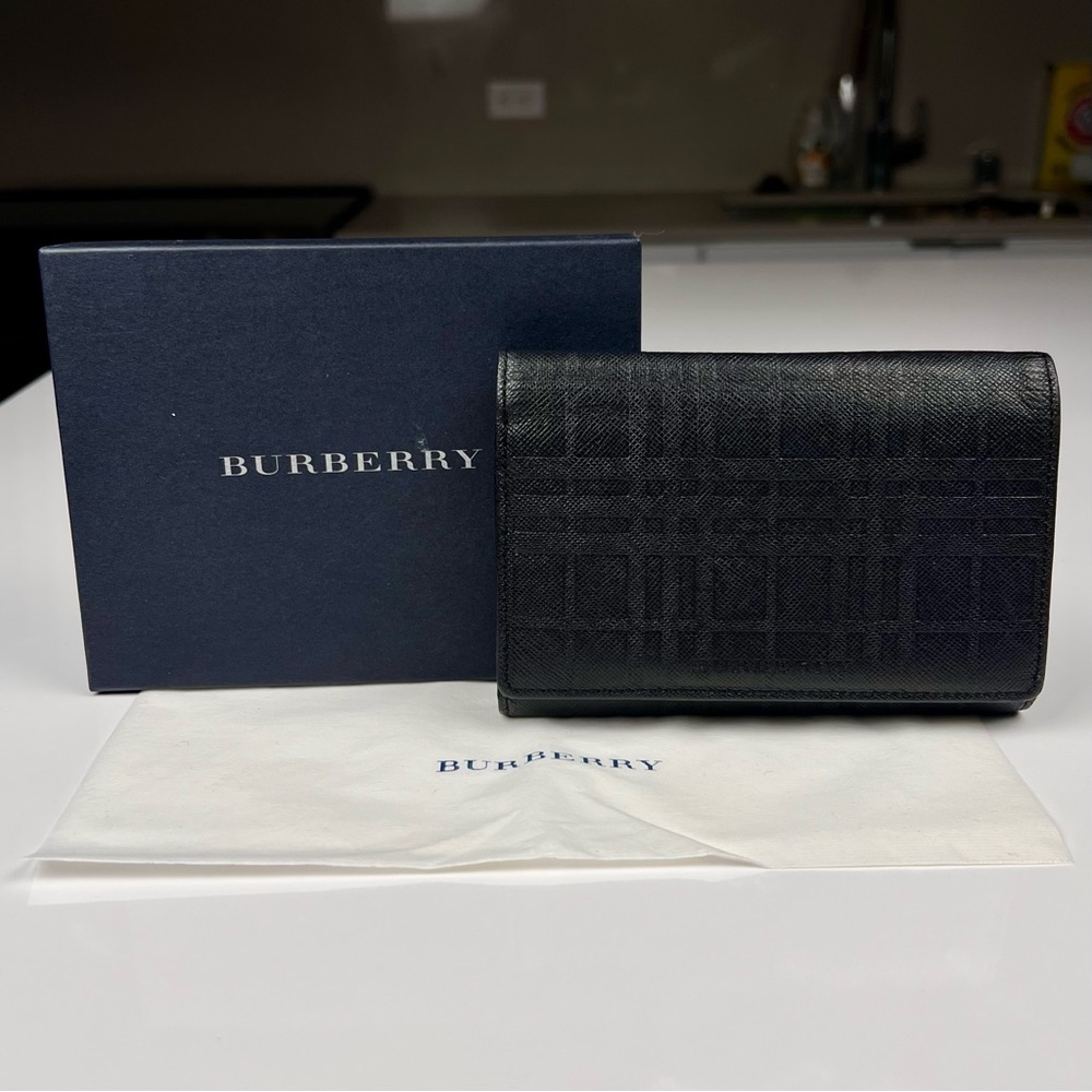 Burberry Nova Check Embossed Leather Trifold Wallet Black